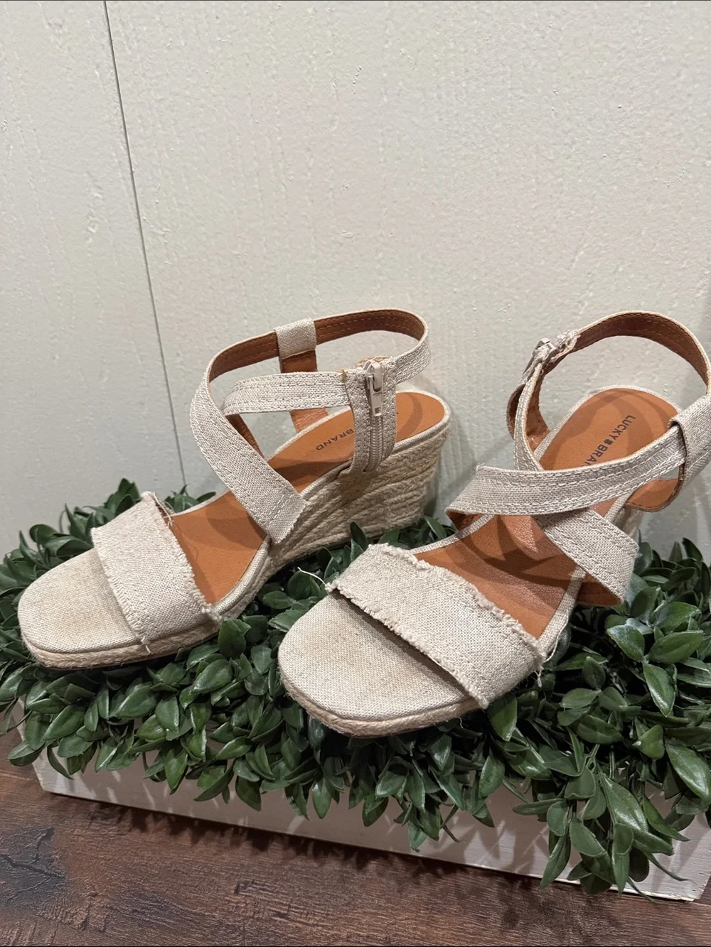 Lucky Brand Maeli Neutral Espadrille Wedge Sandal Rustic, Strappy Canvas Sz 10